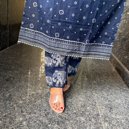 Royal Blue Elephant-Print Cotton Kurta Set