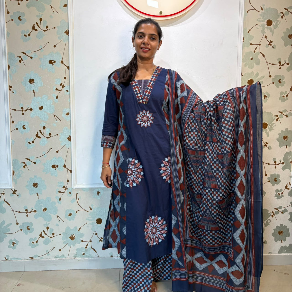 Indigo Bloom Embroidered Cotton Kurta Set with Printed Pants & Dupatta