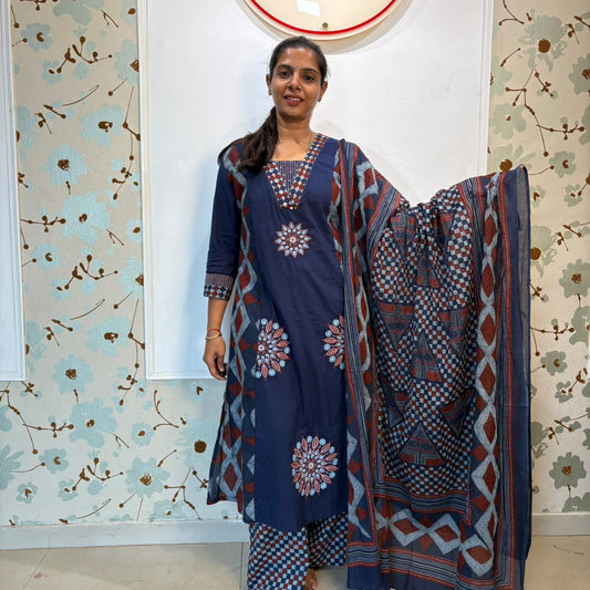 Indigo Bloom Embroidered Cotton Kurta Set with Printed Pants & Dupatta