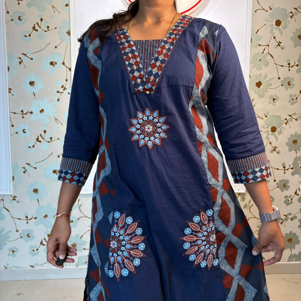 Indigo Bloom Embroidered Cotton Kurta Set with Printed Pants & Dupatta