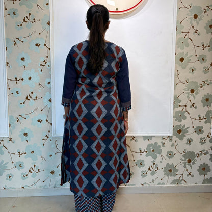 Indigo Bloom Embroidered Cotton Kurta Set with Printed Pants & Dupatta